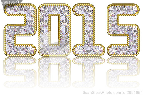 Image of 2015 digits composed of gems in golden rim on glossy white background