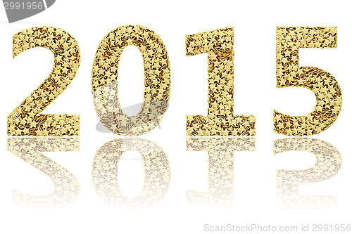 Image of 2015 digits composed of small golden stars on glossy white background