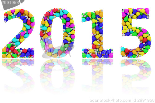 Image of 2015 digits composed of colorful lightbulbs on glossy white background