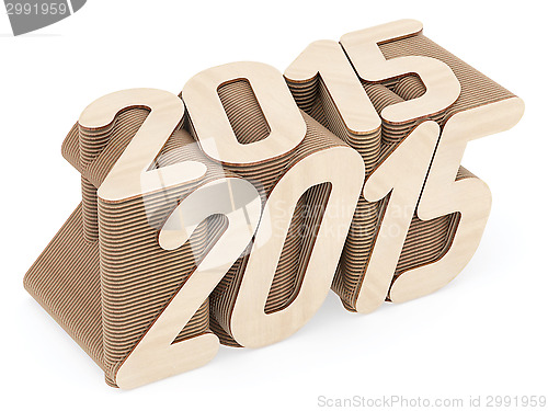 Image of 2015 digits composed of intersected wood panels on white background
