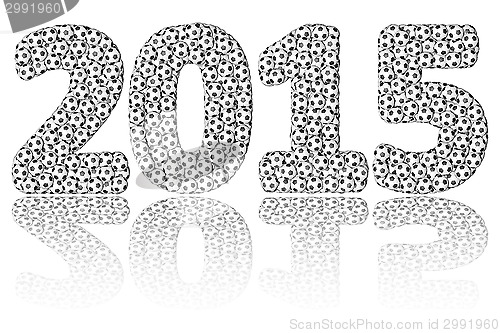 Image of 2015 digits composed many soccer balls on glossy white background