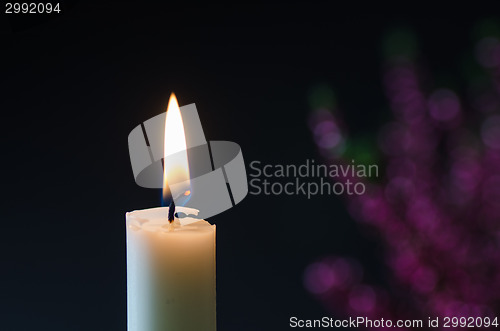 Image of One burning candle at blurred heather