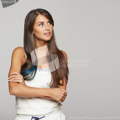 Image of Thinking female looking at copy space