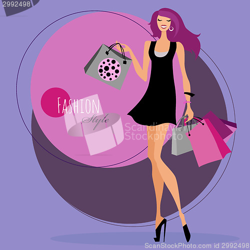 Image of Fashion girl. Woman with shopping bags.