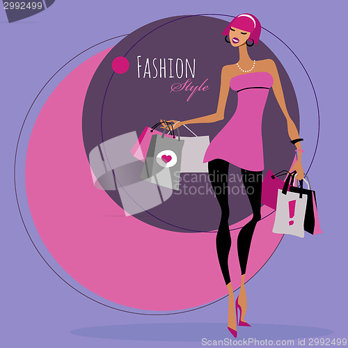 Image of Fashion girl. Woman with shopping bags.