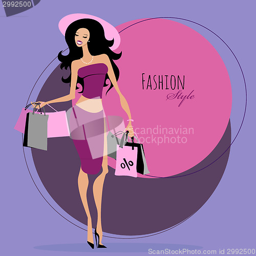 Image of Fashion girl. Woman with shopping bags.