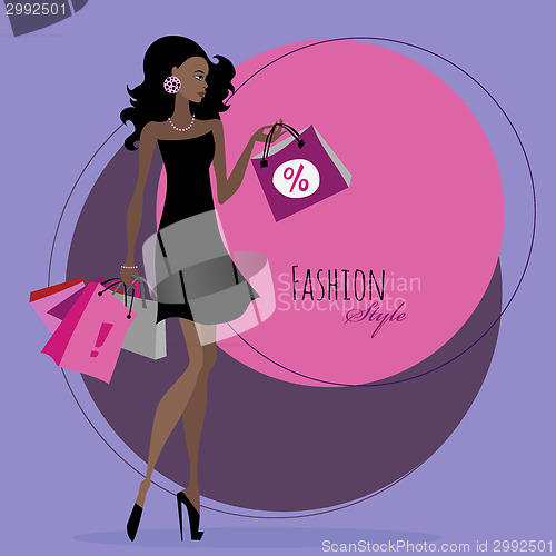 Image of Fashion girl. Woman with shopping bags.