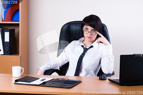 Image of Pretty business lady with laptop