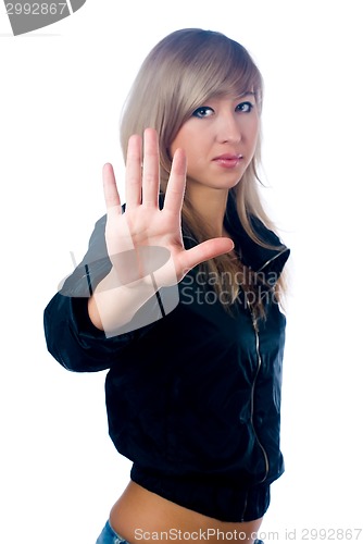 Image of Pretty girl with stop gesture