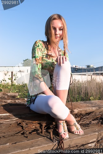 Image of Pretty girl sits on old cross ties