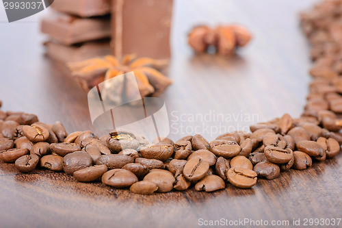 Image of Coffee beans close up and chocolate