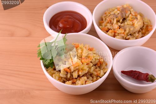 Image of tasty vinaigrette and chinese cuisine on a white plate