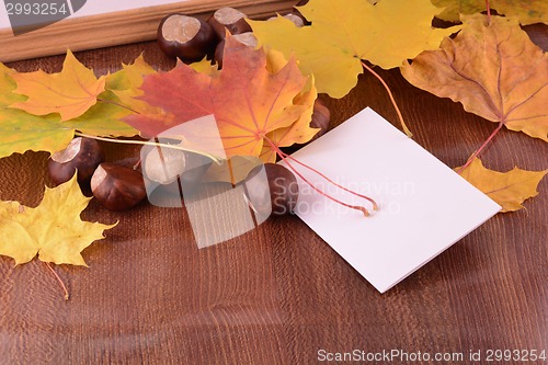 Image of Grunge background with autumn leaves and empty paper frame
