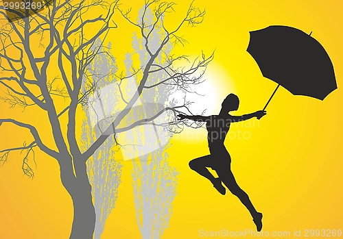 Image of Woman with umbrella pri at sunrise