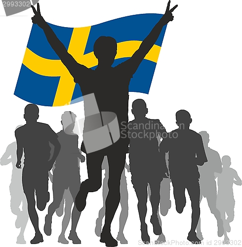 Image of Winner with the Sweden,flag at the finish 