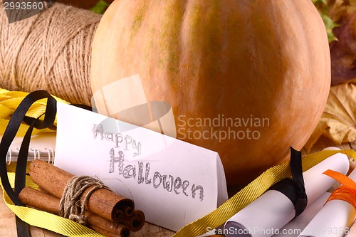 Image of pumpkin on wooden table, happy halloween concept