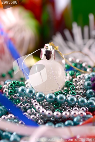 Image of white christmas balls, new year decoration, close up