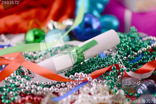 Image of christmas ornament with pearls, new year card