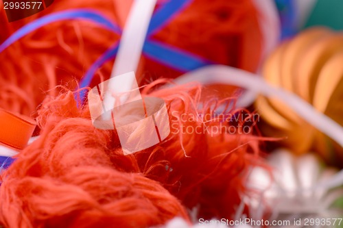 Image of christmas decoration with white fir and blue ribbon