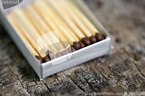 Image of wooden matches in a box, close up