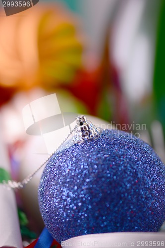 Image of Blue christmas ball close up, new year decorations