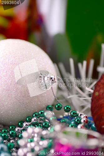 Image of Christmas balls, new year decoration with champagne bottle