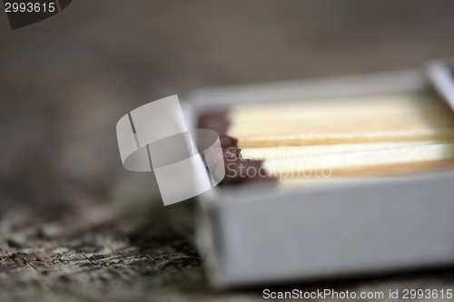 Image of wood match on paper box close up