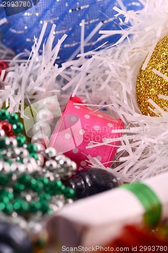 Image of christmas decoration with diamonds and red ribbon, new year decoration