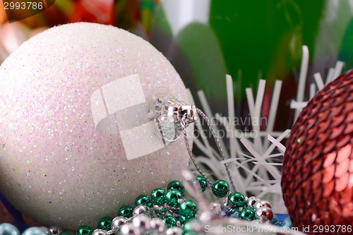 Image of Christmas balls, new year decoration with champagne bottle
