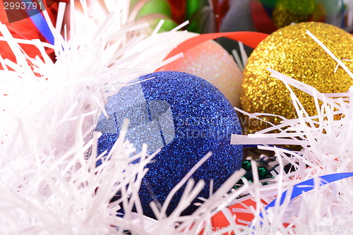 Image of blue and yellow Christmas balls close up