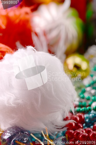 Image of christmas decoration with white fir and blue ribbon