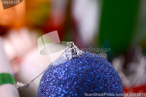 Image of Christmas balls, new year decoration with champagne bottle