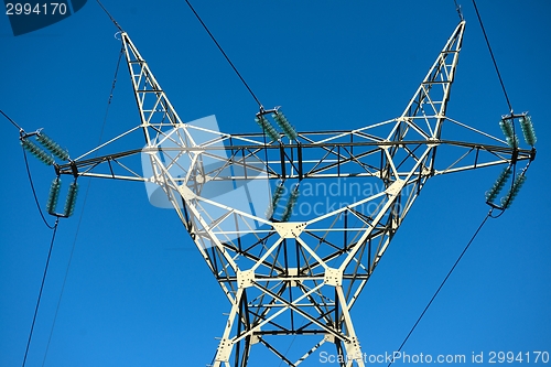 Image of Large transmission towers at sunset