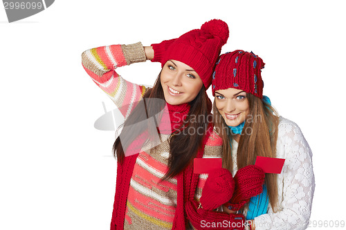 Image of Two winter girls showing blank cards