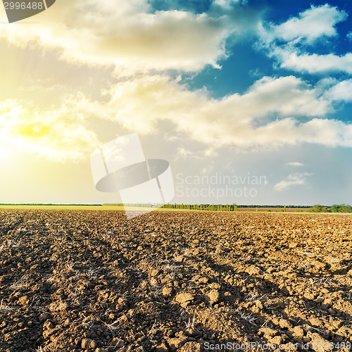 Image of good sunset and field after harvesting