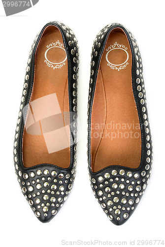 Image of pair of new black leather women's ballet shoes with steel studs
