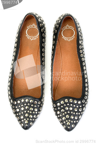 Image of pair of new black leather women's ballet shoes with steel studs