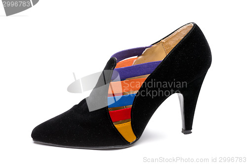 Image of Female shoes of velvet on white background