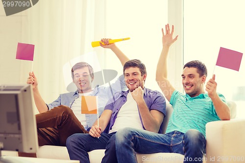 Image of happy male friends with flags and vuvuzela