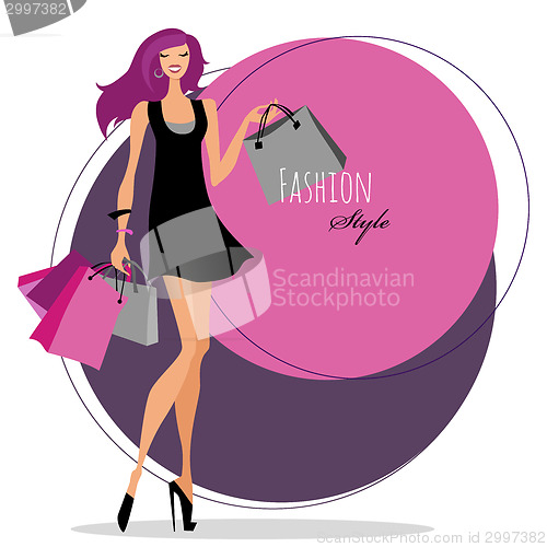 Image of Fashion girl. Woman with shopping bags.