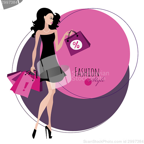 Image of Fashion girl. Woman with shopping bags.