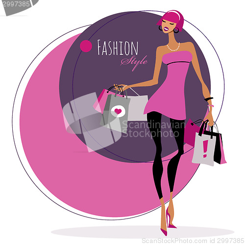 Image of Fashion girl. Woman with shopping bags.