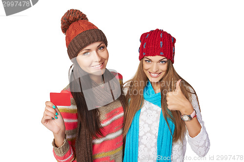 Image of Two winter girls showing blank card