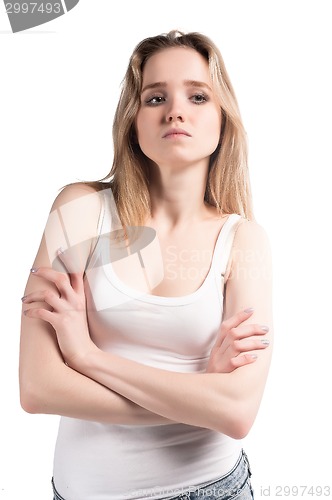 Image of Attractive sad woman over white