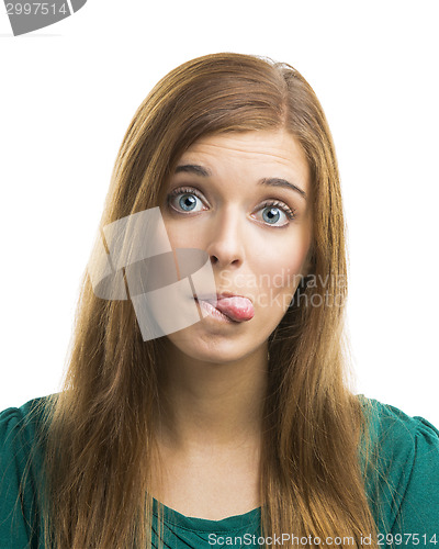 Image of Beautiful young woman with a funny face