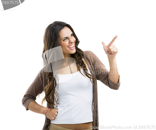 Image of Beautiful woman pointing to something