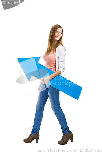 Image of Woman with a blue arrow