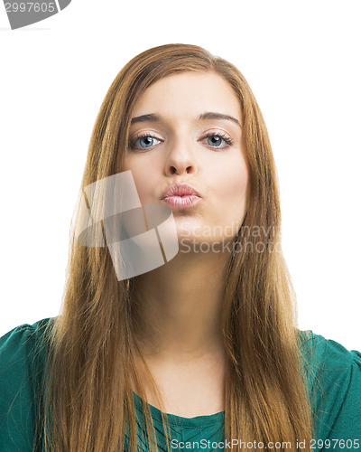 Image of Beautiful young woman kissing