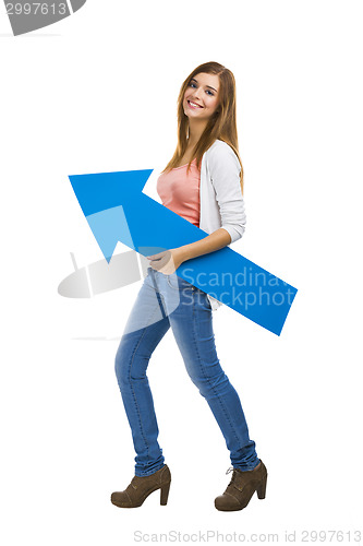 Image of Woman with a blue arrow