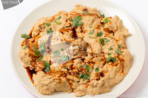 Image of Circassian chicken on a plate from above